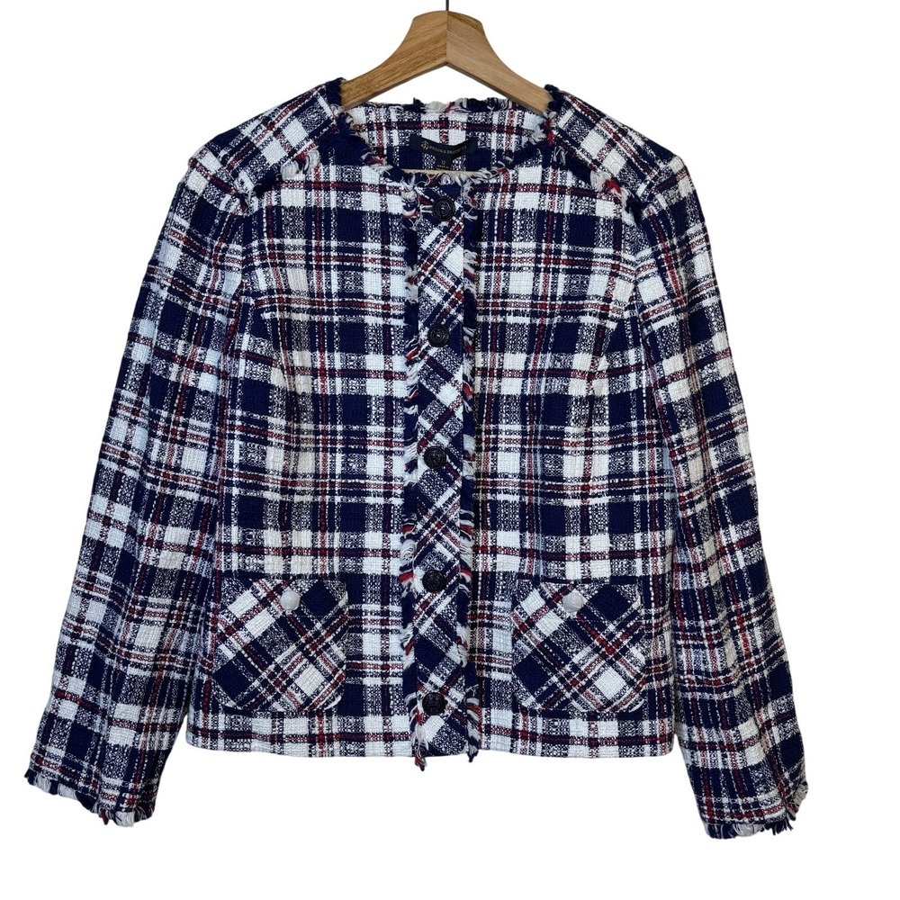 Brooks Brothers Tweed Fringe Trim Blazer Jacket Size 12 Plaid Preppy $249 NWT